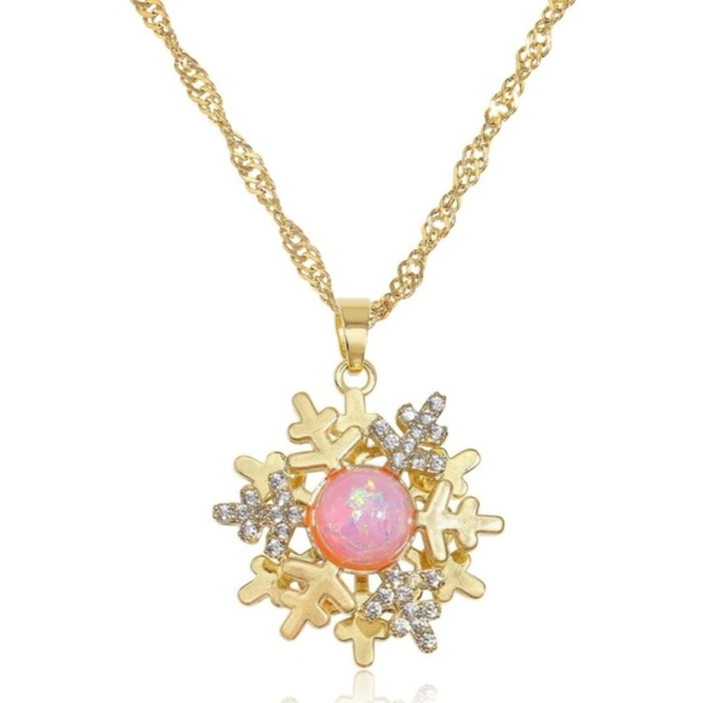 Gold and Pink Snowflake Pendant Necklace